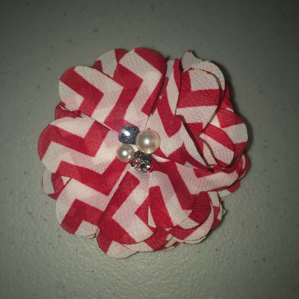 Red & White Shabby Flower Bow with Pearl Center